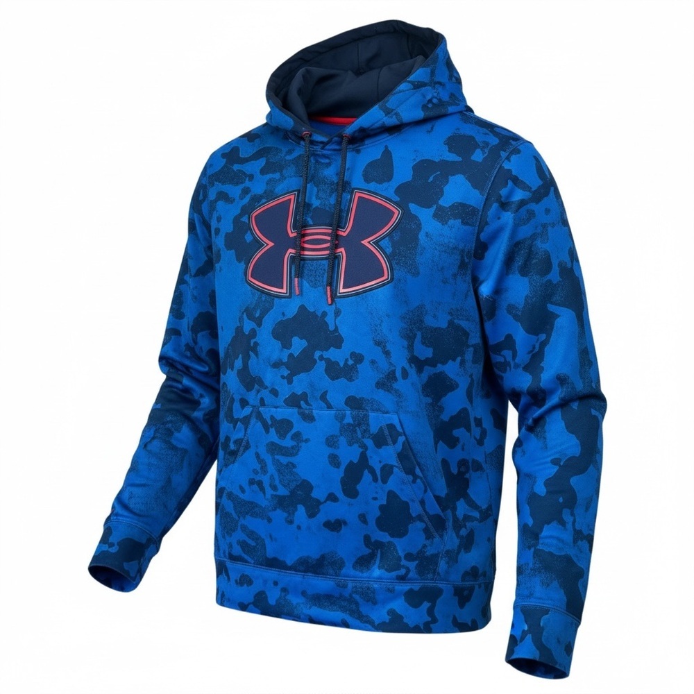 Under Armour Men’s L Blue Camo Pullover Loose Fit Hoodie with Red-Trim Logo